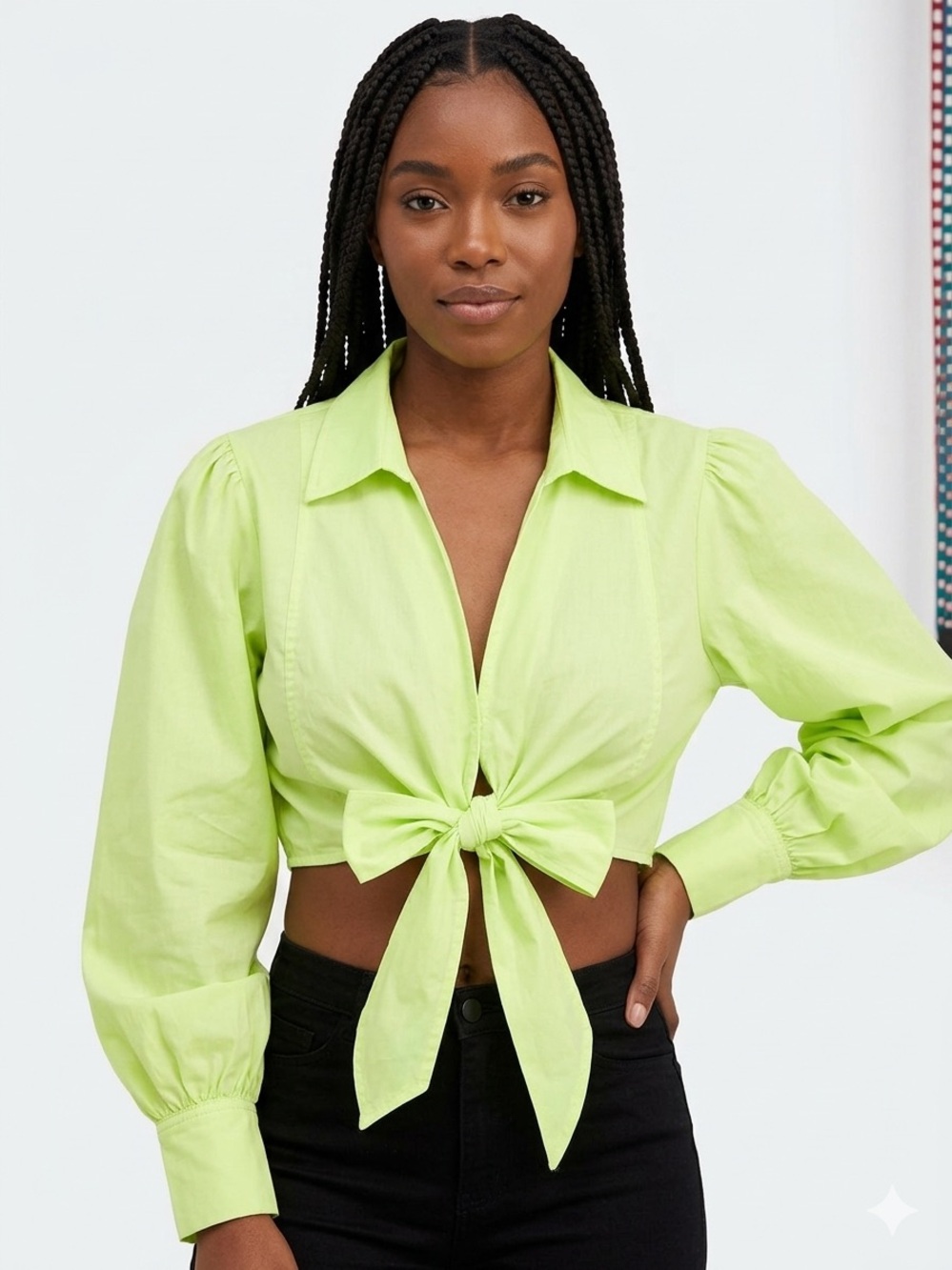 Tie-Front Poplin Crop Top - Lime Green